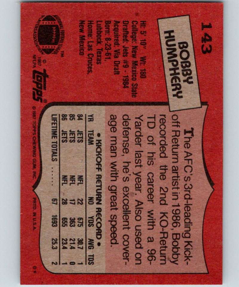 1987 Topps #143 Bobby Humphrey NY Jets UER NFL Football Image 2