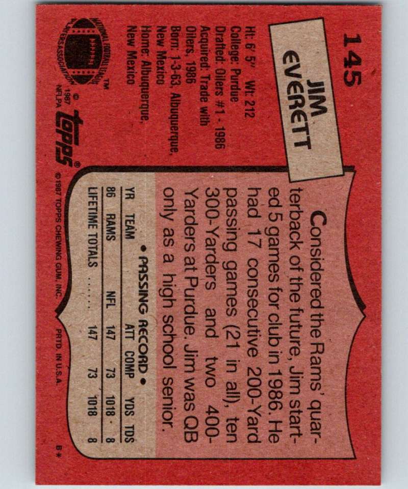 1987 Topps #145 Jim Everett RC Rookie LA Rams NFL Football Image 2