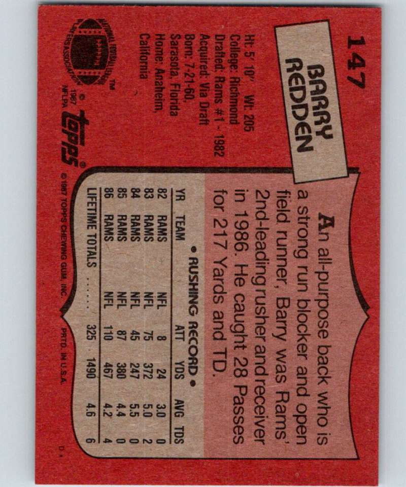 1987 Topps #147 Barry Redden LA Rams NFL Football Image 2