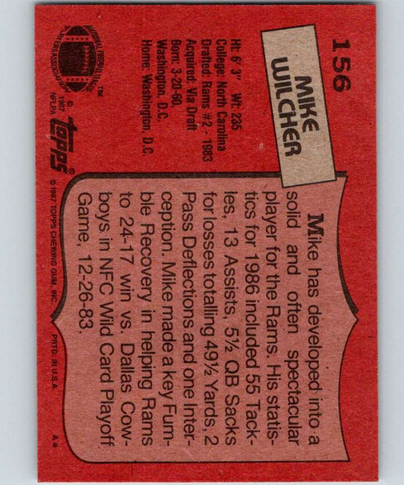 1987 Topps #156 Mike Wilcher LA Rams NFL Football Image 2