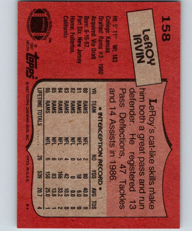 1987 Topps #158 LeRoy Irvin LA Rams NFL Football Image 2