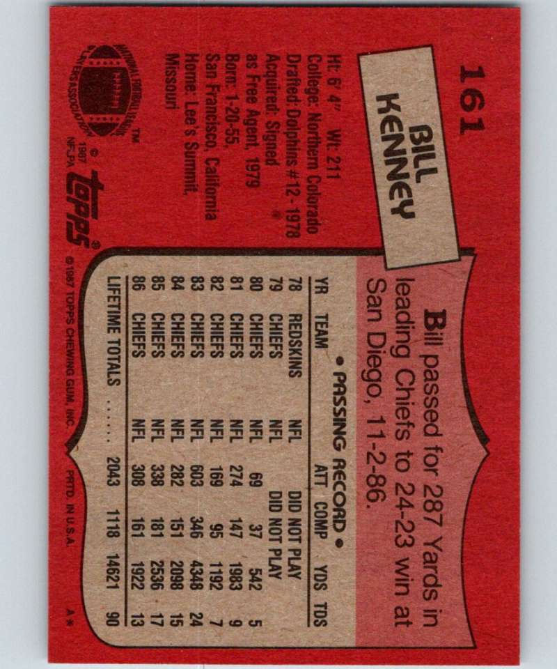 1987 Topps #161 Bill Kenney Chiefs NFL Football Image 2