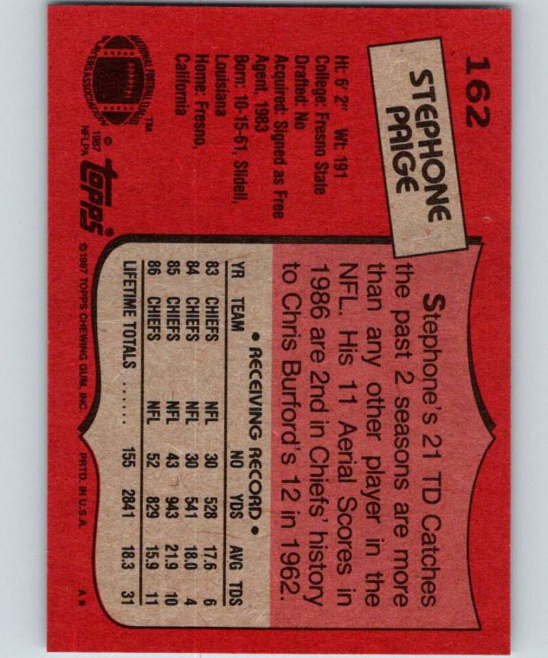 1987 Topps #162 Stephone Paige Chiefs NFL Football Image 2