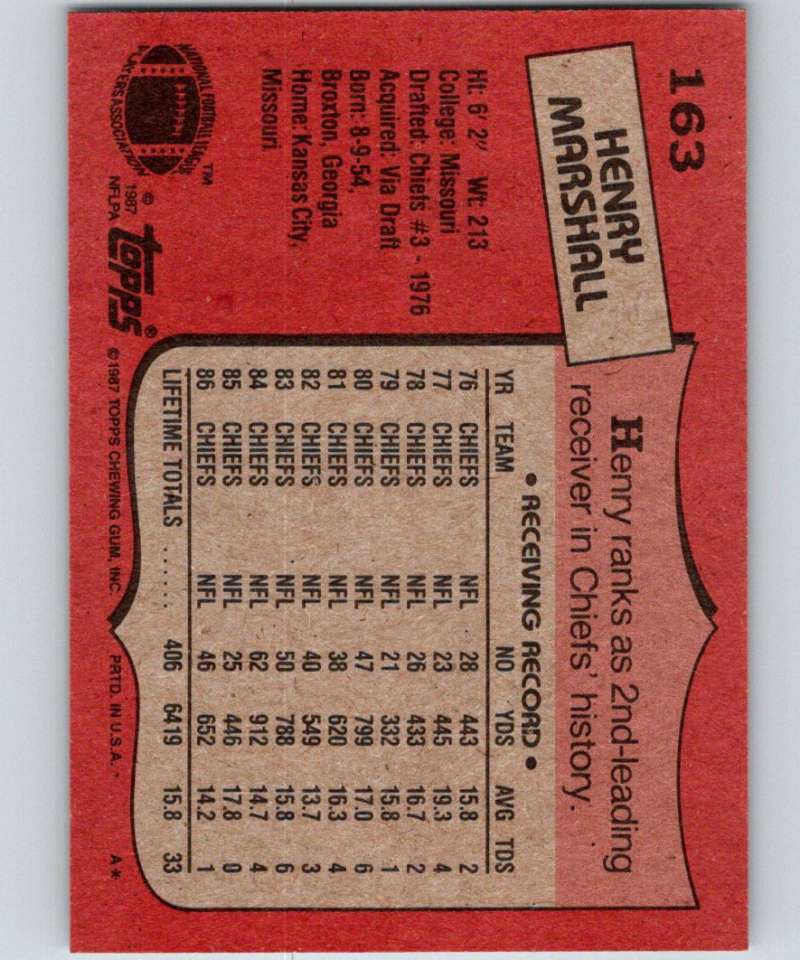 1987 Topps #163 Henry Marshall Chiefs NFL Football Image 2