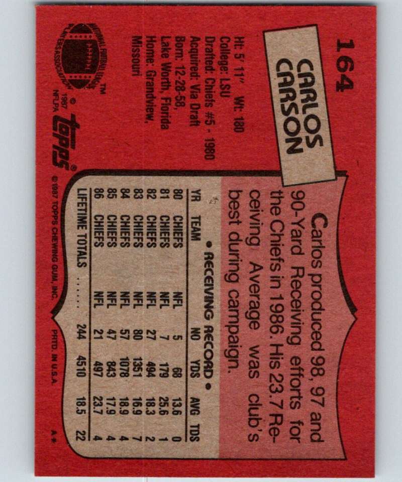 1987 Topps #164 Carlos Carson Chiefs NFL Football Image 2