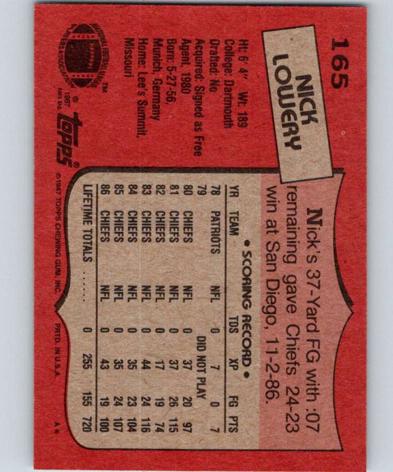 1987 Topps #165 Nick Lowery Chiefs NFL Football Image 2