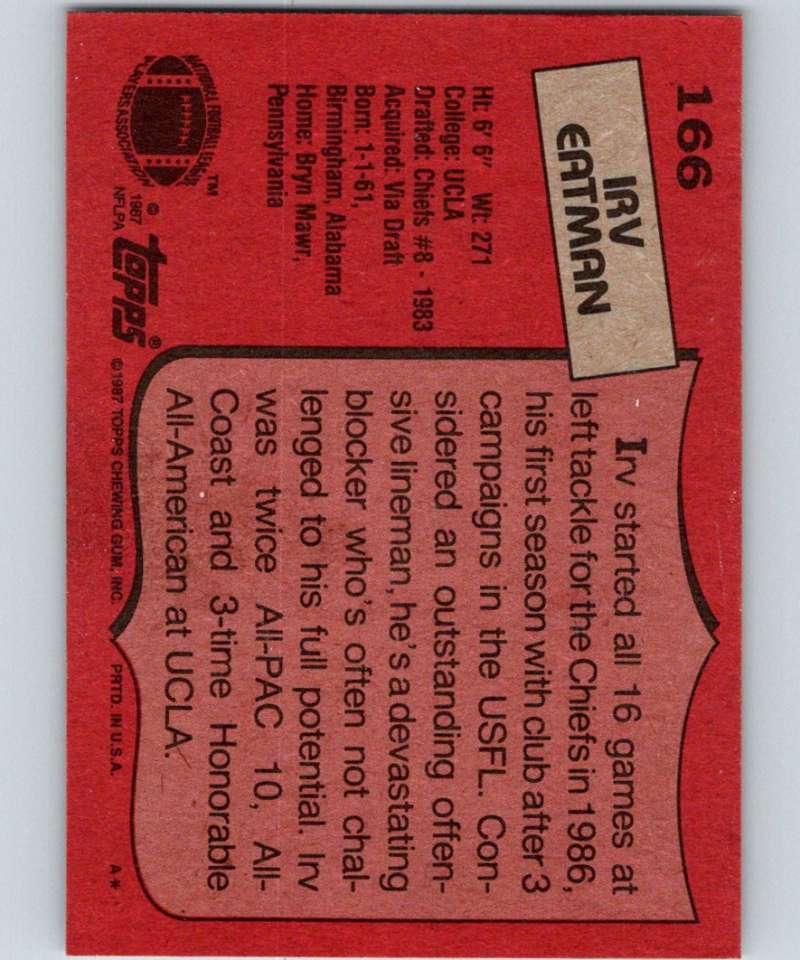 1987 Topps #166 Irv Eatman RC Rookie Chiefs NFL Football Image 2
