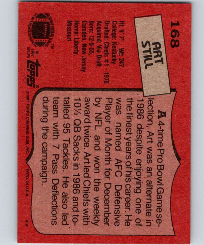 1987 Topps #168 Art Still Chiefs NFL Football Image 2