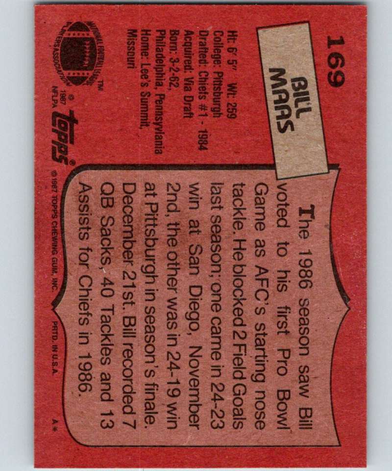 1987 Topps #169 Bill Maas Chiefs NFL Football Image 2