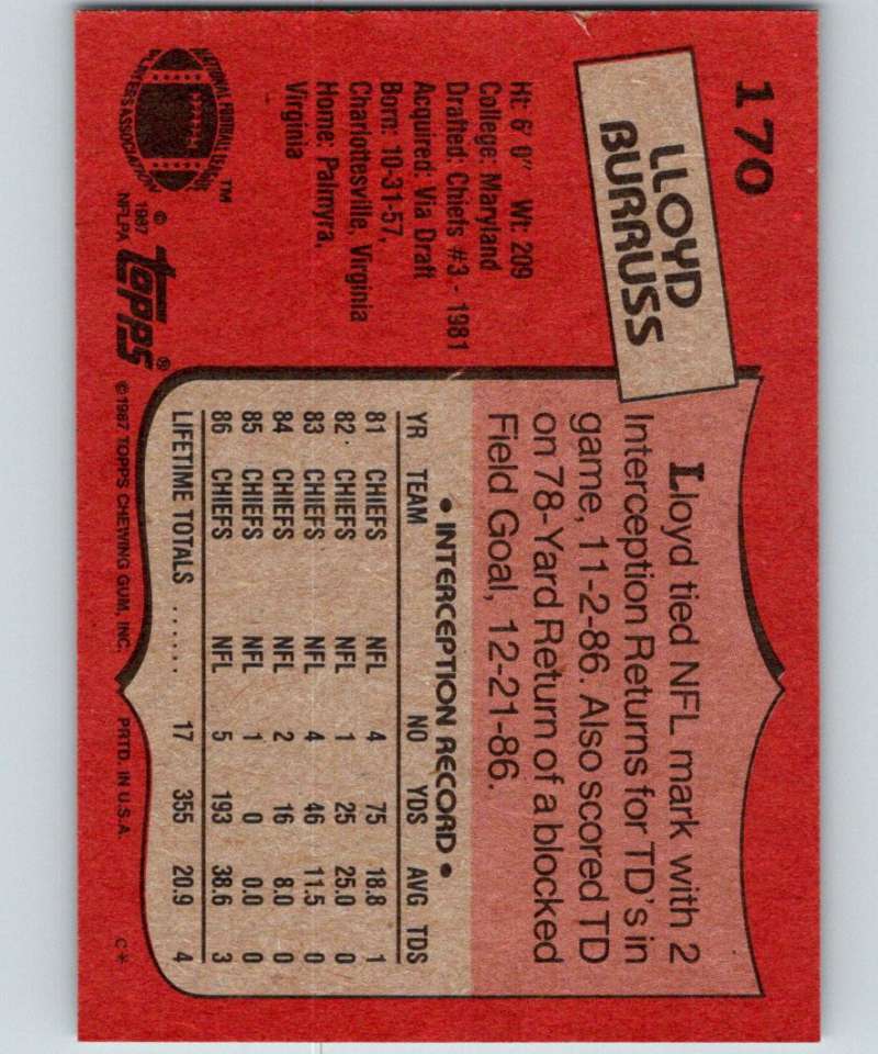 1987 Topps #170 Lloyd Burruss RC Rookie Chiefs NFL Football Image 2
