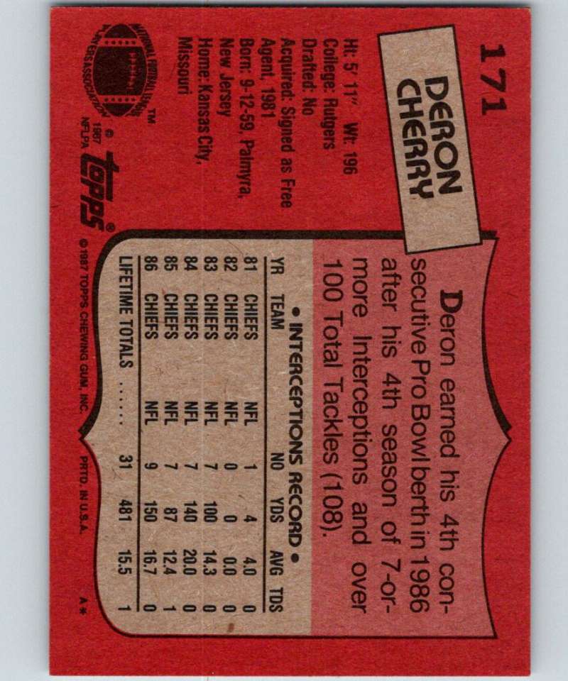 1987 Topps #171 Deron Cherry Chiefs NFL Football Image 2