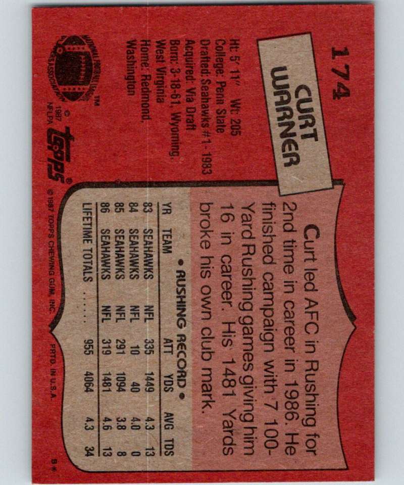 1987 Topps #174 Curt Warner Seahawks NFL Football Image 2