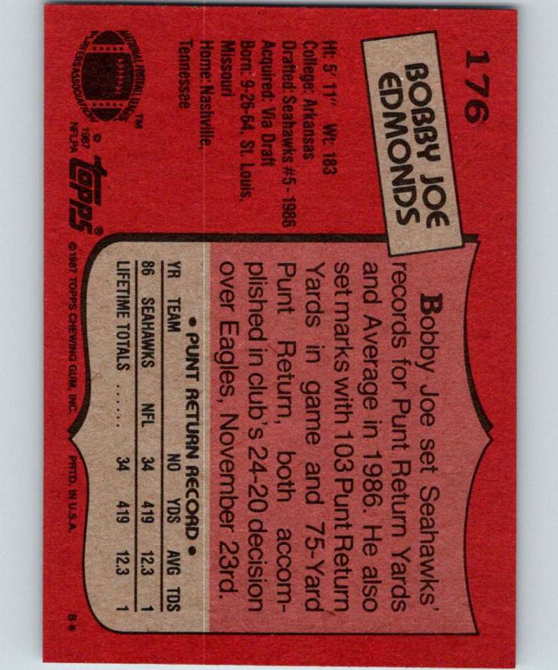 1987 Topps #176 Bobby Joe Edmonds RC Rookie Seahawks NFL Football Image 2