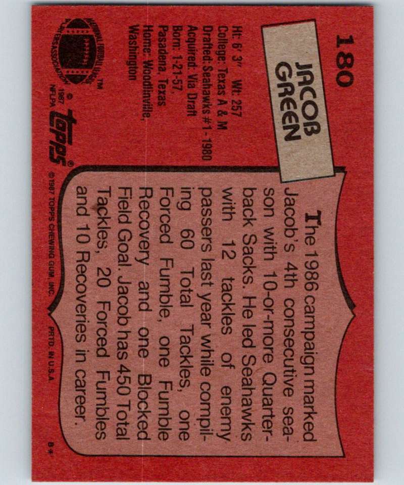1987 Topps #180 Jacob Green Seahawks NFL Football Image 2