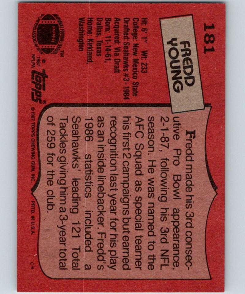 1987 Topps #181 Fredd Young Seahawks NFL Football Image 2