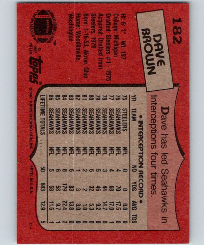 1987 Topps #182 Dave Brown Seahawks NFL Football Image 2