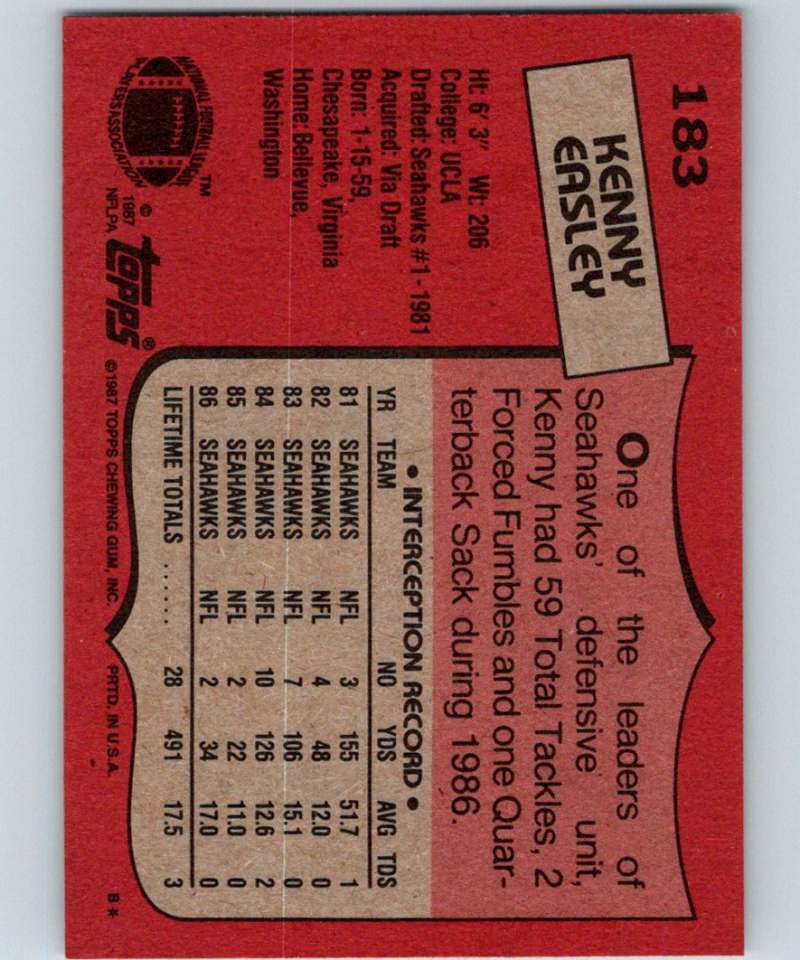 1987 Topps #183 Kenny Easley Seahawks NFL Football