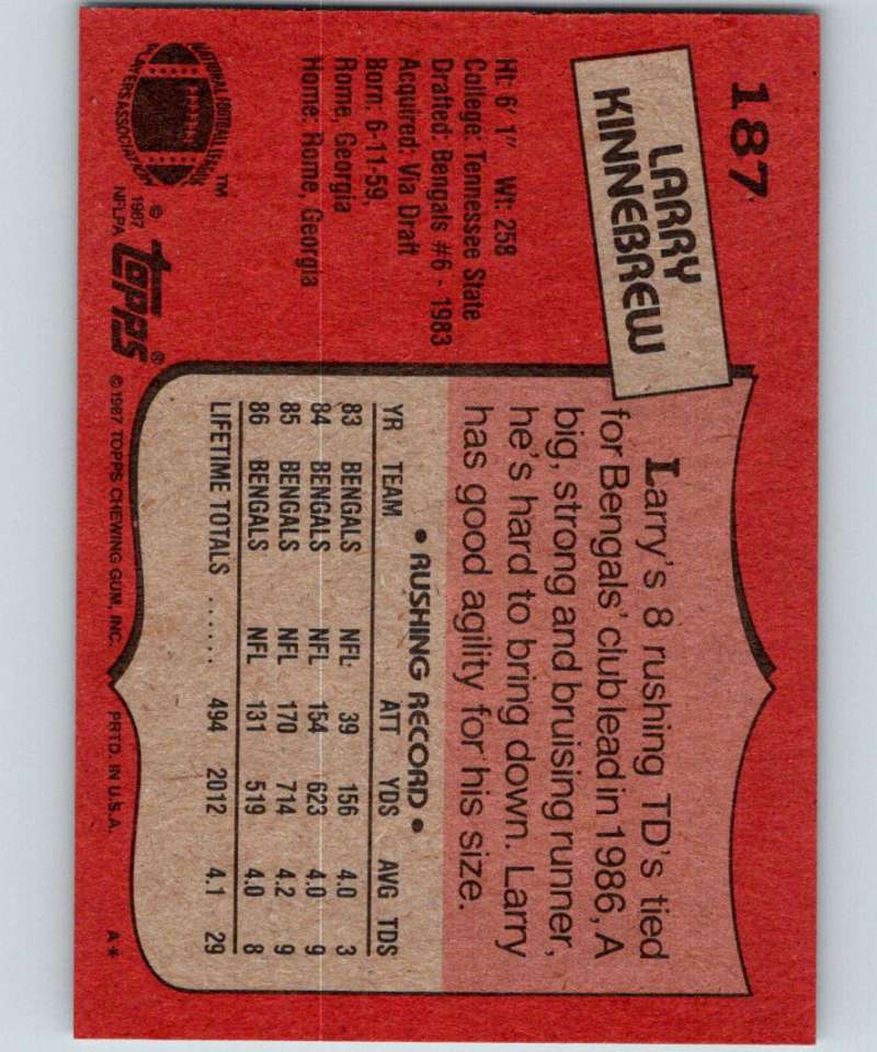 1987 Topps #187 Larry Kinnebrew Bengals NFL Football Image 2