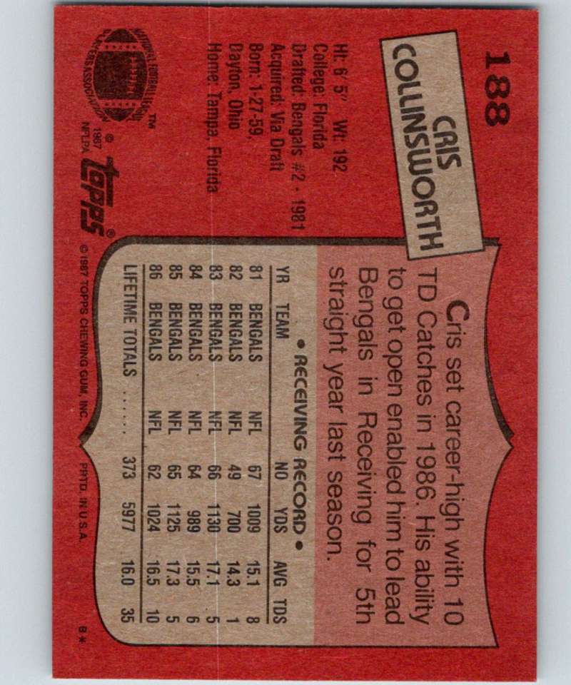 1987 Topps #188 Cris Collinsworth Bengals NFL Football Image 2