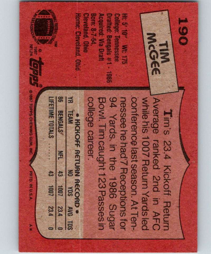 1987 Topps #190 Tim McGee RC Rookie Bengals NFL Football Image 2