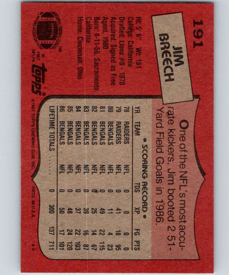 1987 Topps #191 Jim Breech Bengals NFL Football