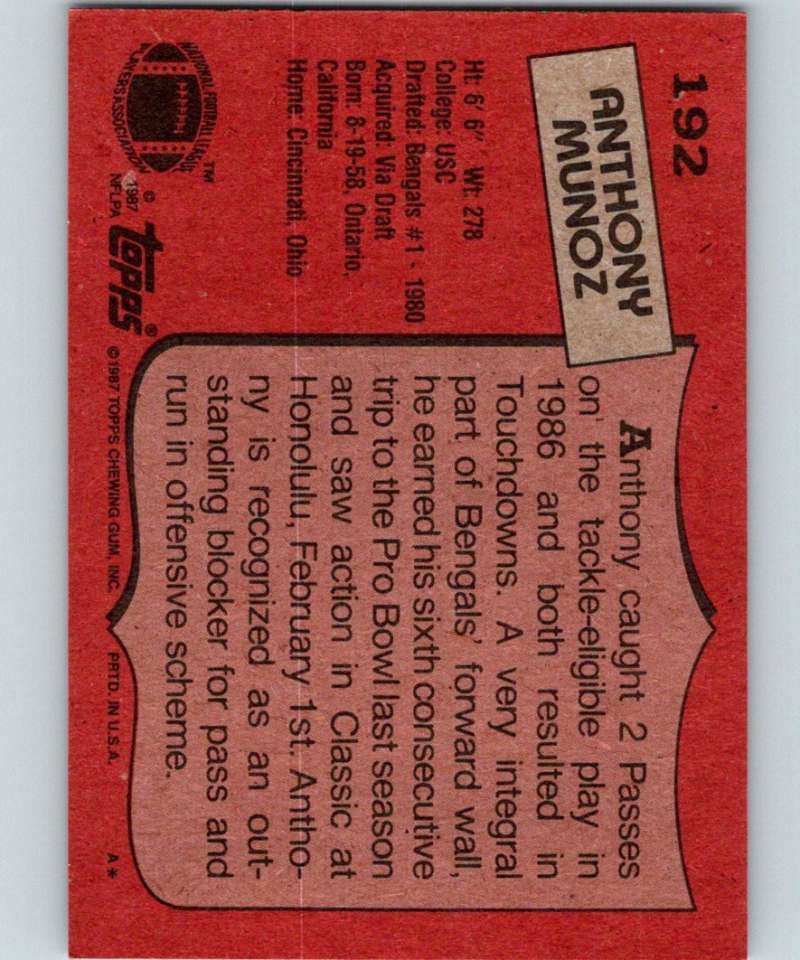 1987 Topps #192 Anthony Munoz Bengals NFL Football Image 2