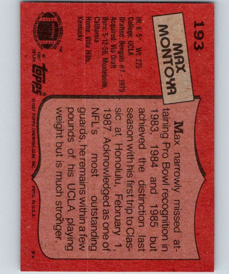 1987 Topps #193 Max Montoya Bengals NFL Football Image 2