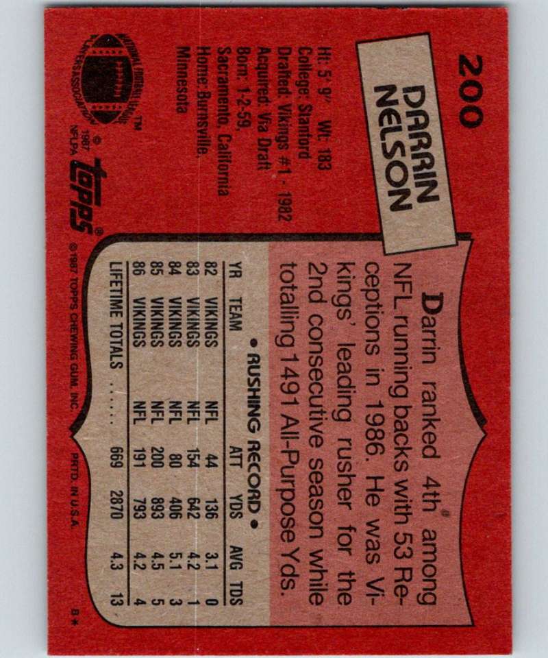 1987 Topps #200 Darrin Nelson Vikings NFL Football Image 2