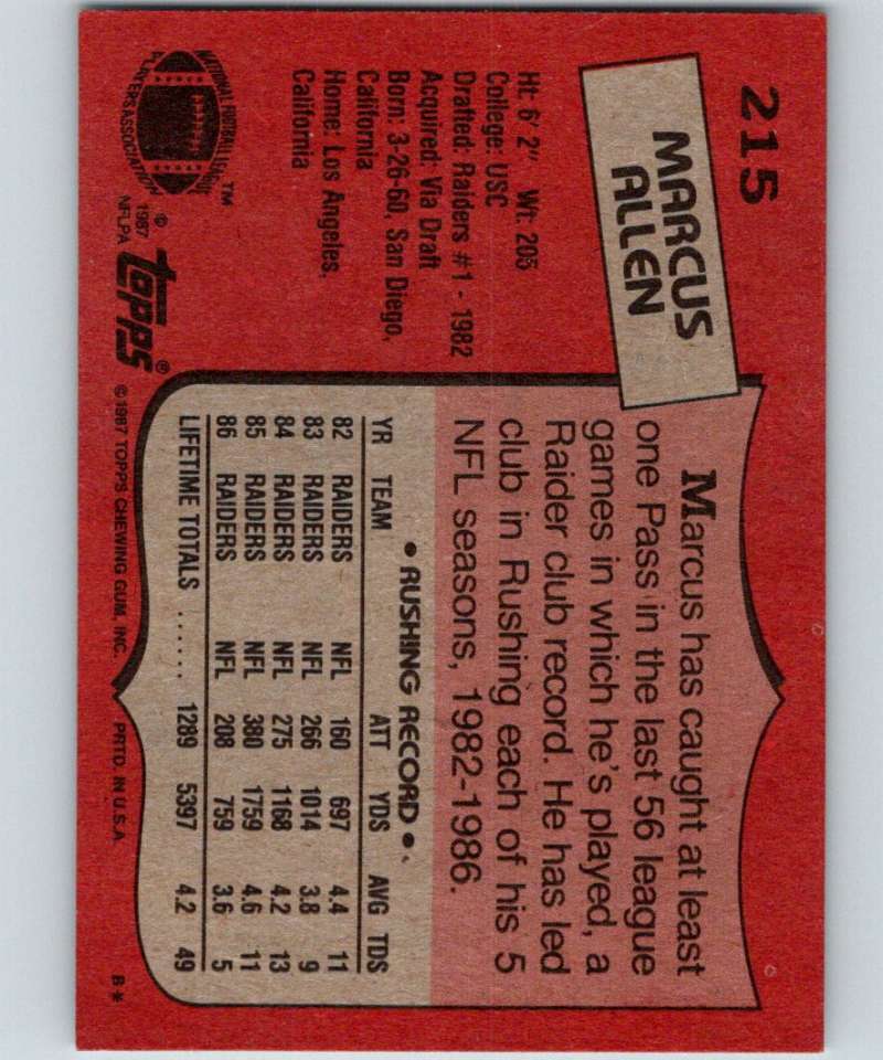 1987 Topps #215 Marcus Allen LA Raiders NFL Football