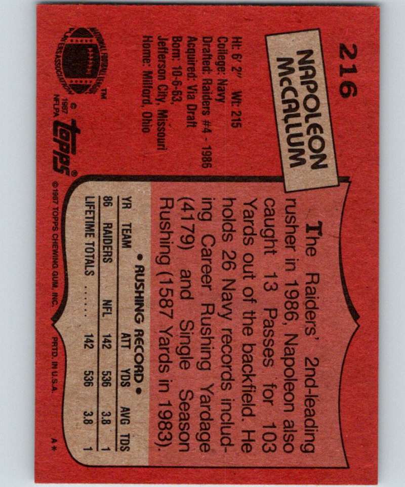 1987 Topps #216 Napoleon McCallum RC Rookie LA Raiders NFL Football Image 2