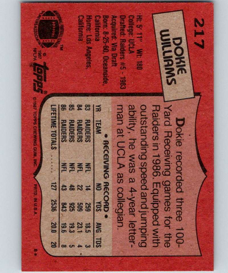 1987 Topps #217 Dokie Williams LA Raiders NFL Football Image 2