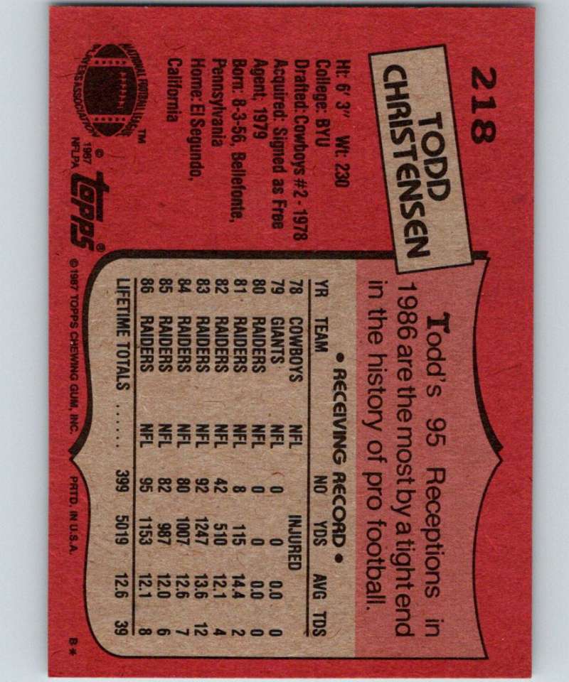 1987 Topps #218 Todd Christensen LA Raiders NFL Football Image 2