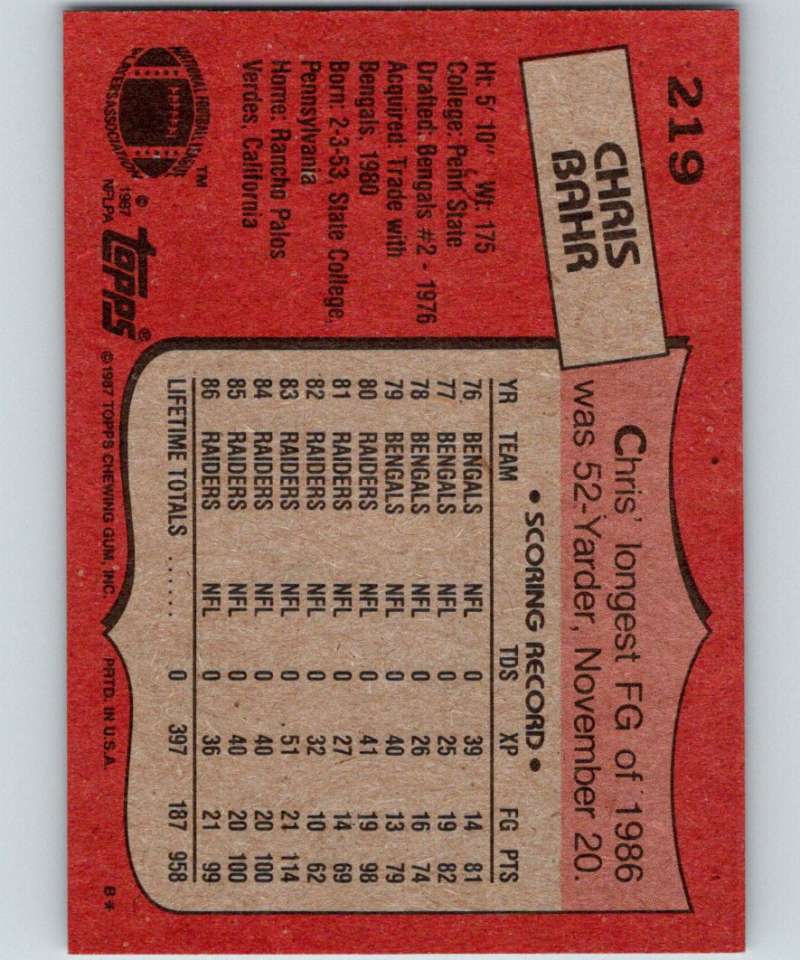 1987 Topps #219 Chris Bahr LA Raiders NFL Football Image 2