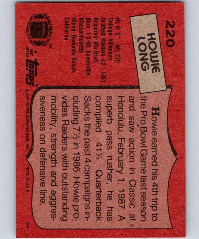 1987 Topps #220 Howie Long LA Raiders NFL Football Image 2