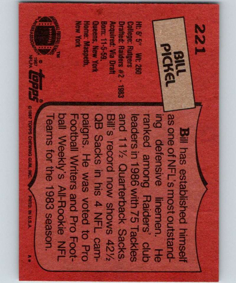 1987 Topps #221 Bill Pickel LA Raiders NFL Football Image 2