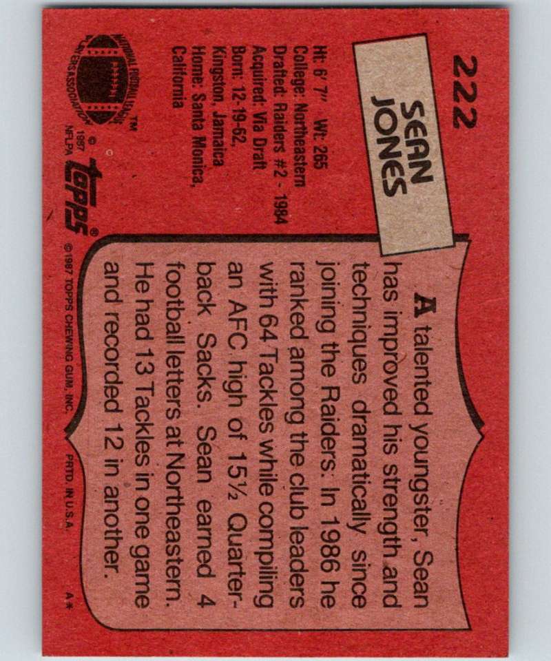1987 Topps #222 Sean Jones RC Rookie LA Raiders NFL Football