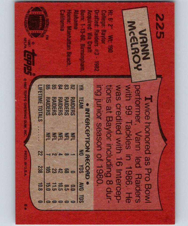 1987 Topps #225 Vann McElroy LA Raiders NFL Football Image 2