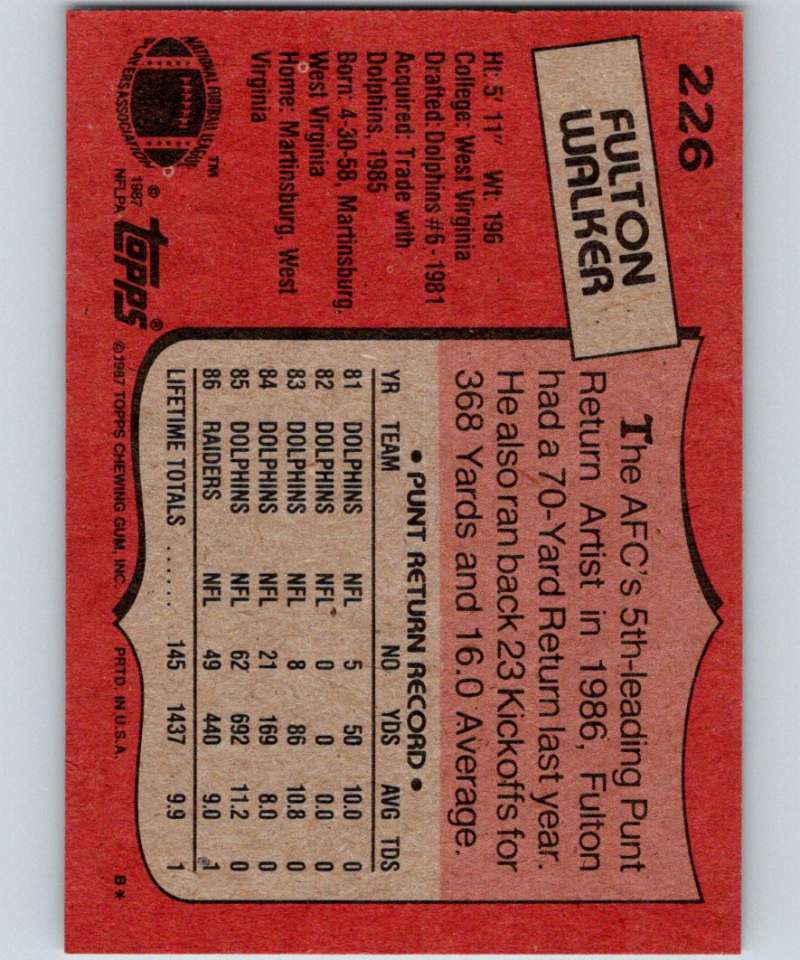 1987 Topps #226 Fulton Walker LA Raiders NFL Football Image 2