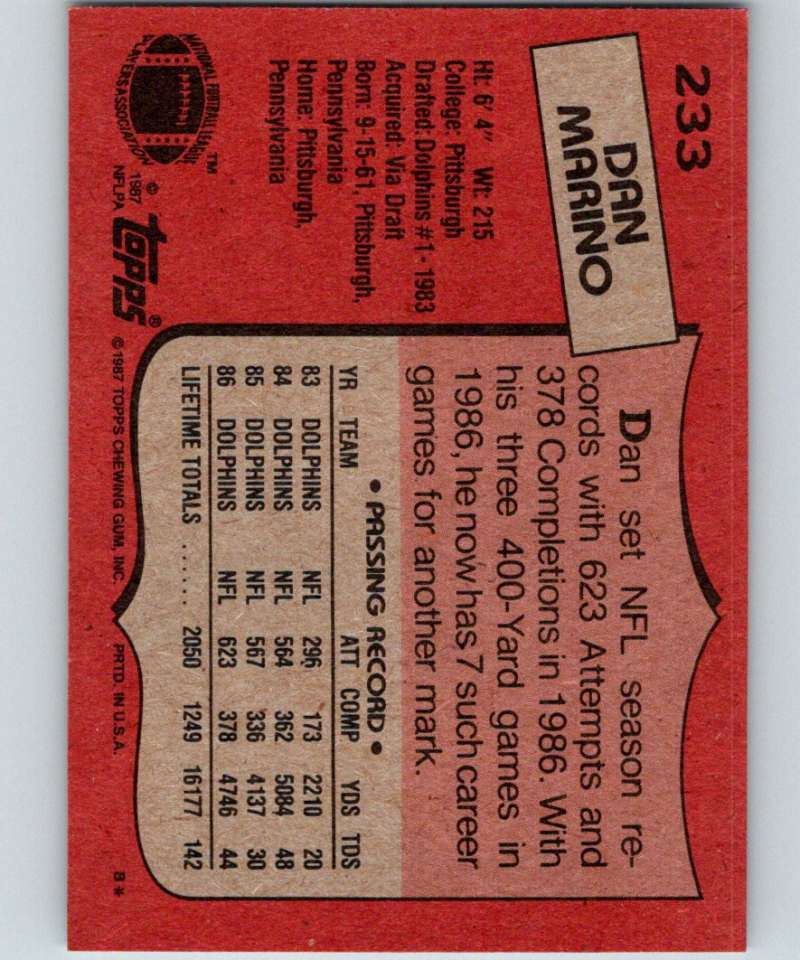 1987 Topps #233 Dan Marino Dolphins NFL Football