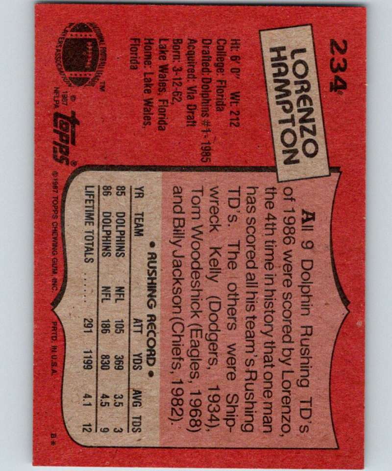 1987 Topps #234 Lorenzo Hampton RC Rookie Dolphins NFL Football