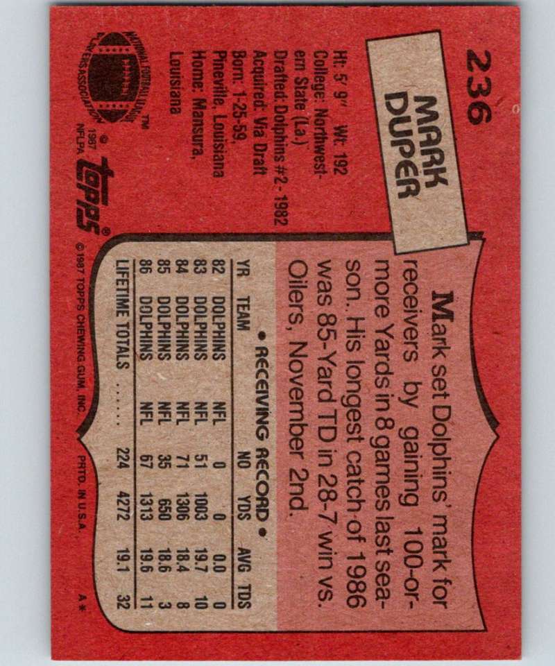 1987 Topps #236 Mark Duper Dolphins NFL Football