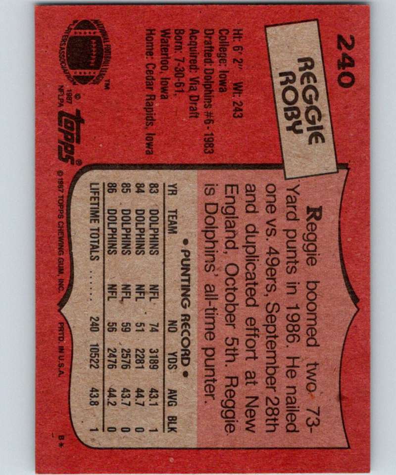 1987 Topps #240 Reggie Roby Dolphins NFL Football Image 2