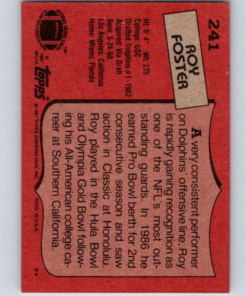 1987 Topps #241 Roy Foster Dolphins NFL Football Image 2