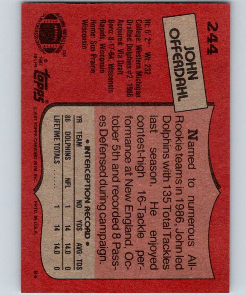 1987 Topps #244 John Offerdahl RC Rookie Dolphins NFL Football