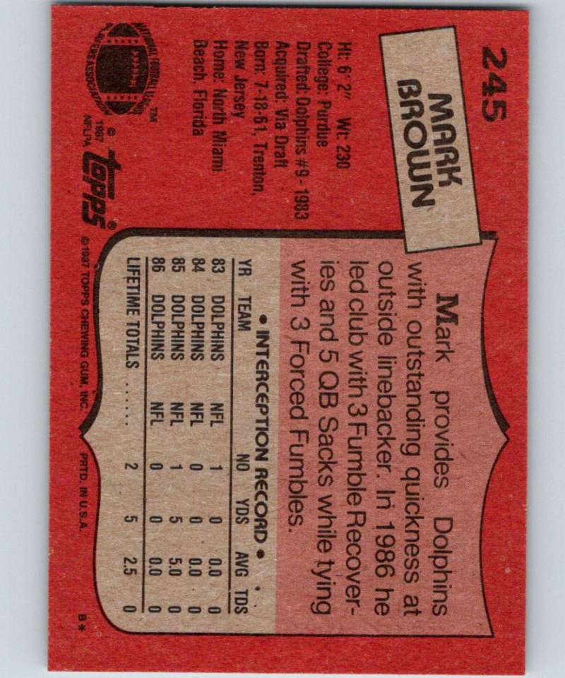 1987 Topps #245 Mark Brown Dolphins NFL Football