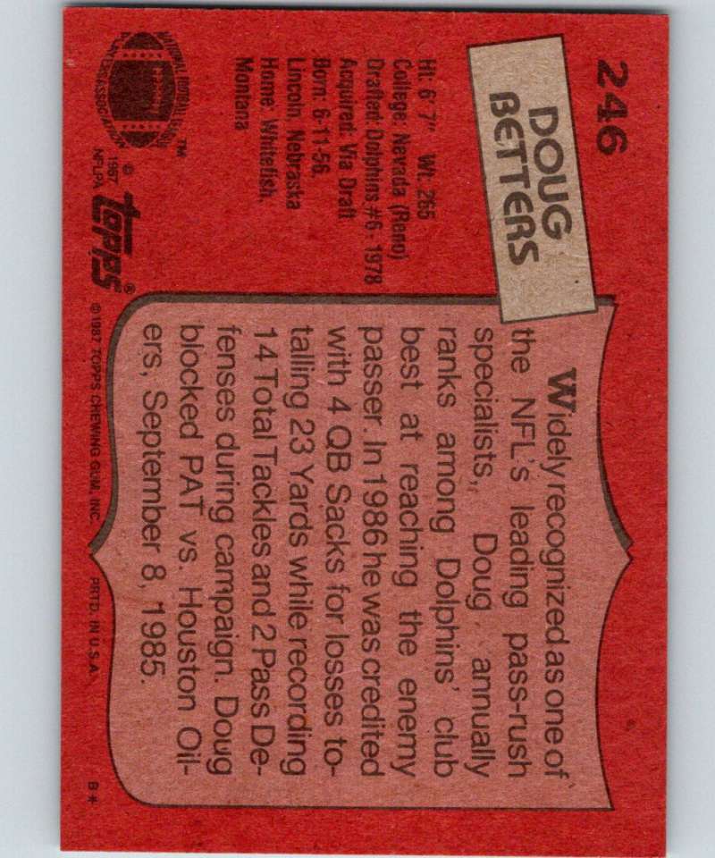 1987 Topps #246 Doug Betters Dolphins NFL Football Image 2