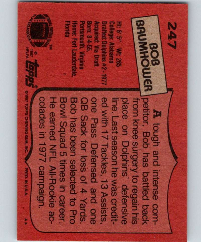 1987 Topps #247 Bob Baumhower Dolphins NFL Football Image 2