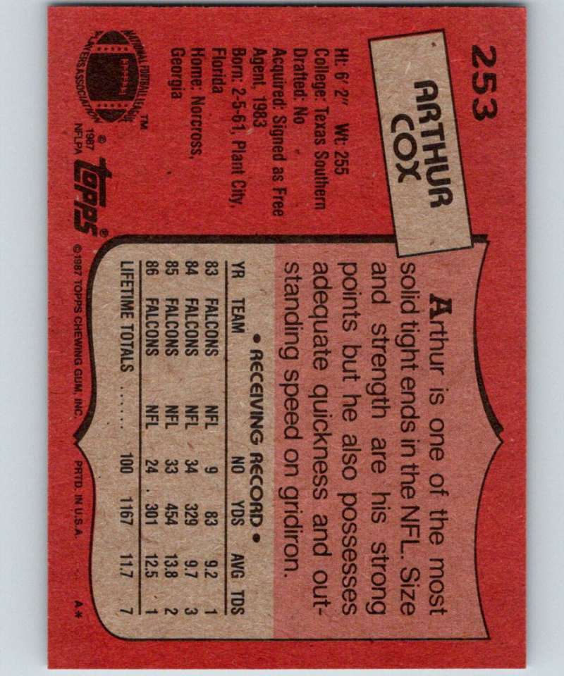 1987 Topps #253 Arthur Cox Falcons NFL Football Image 2
