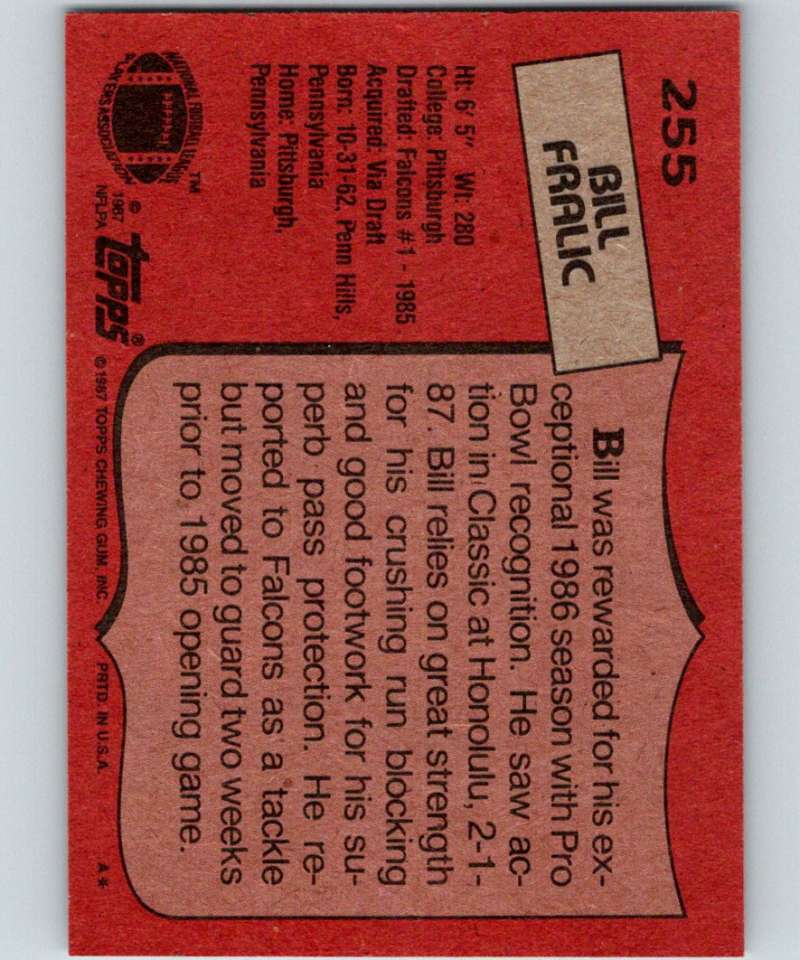 1987 Topps #255 Bill Fralic Falcons NFL Football Image 2