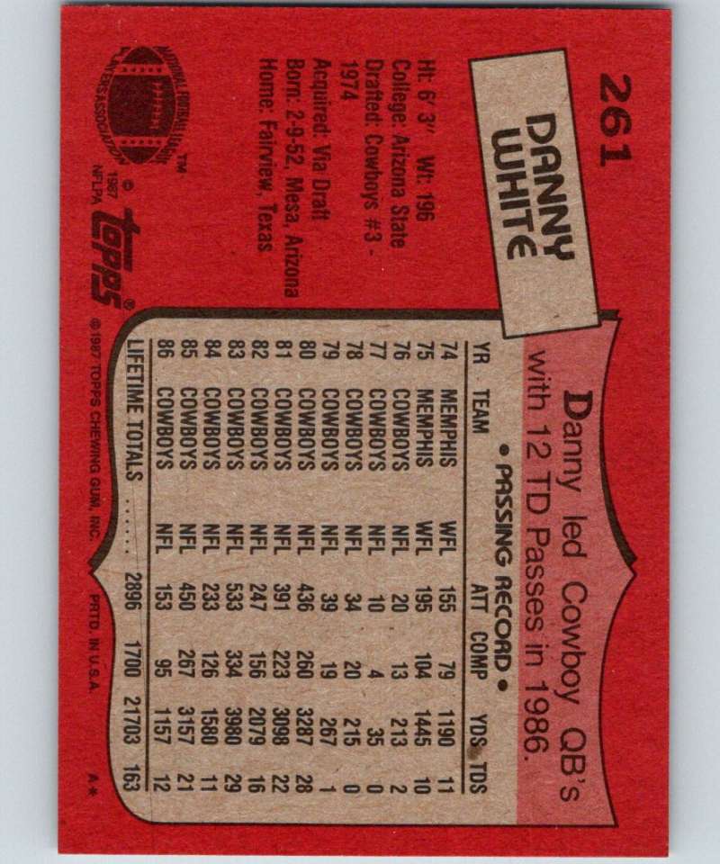 1987 Topps #261 Danny White Cowboys NFL Football
